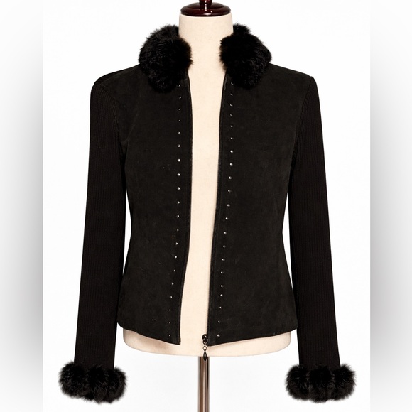 Vintage Sweaters - Vintage leather, knit and faux fur cardigan with studs. S